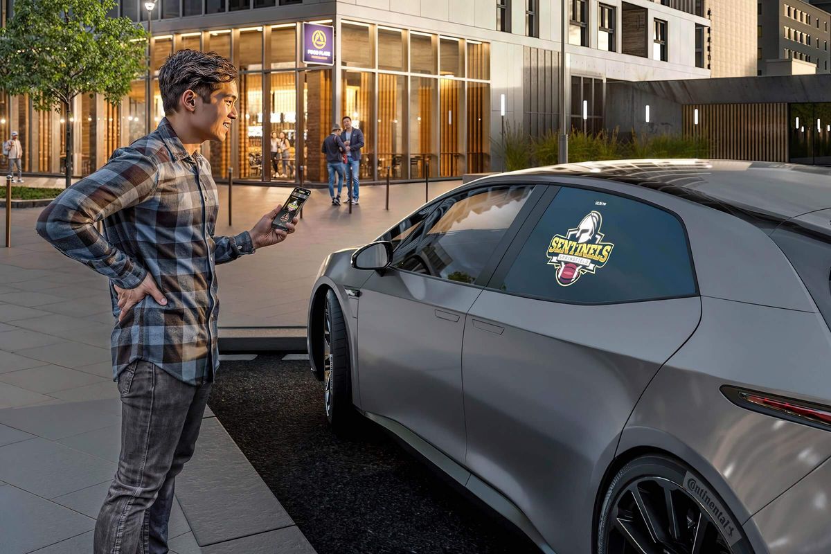 Auch personalisierte Inhalte lassen sich mit der Window Projection anzeigen. Auf dem Stadionparkplatz zeigt das System zum Beispiel das Wappen des Lieblingsvereins an. Foto: Continental